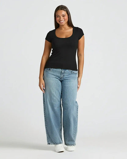 Womens Black Ribbed U-Neck Tee